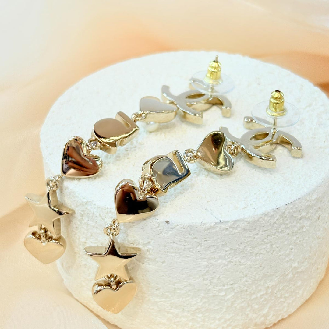 Chanel Pearl Charming CC Star Heart Drop Earrings