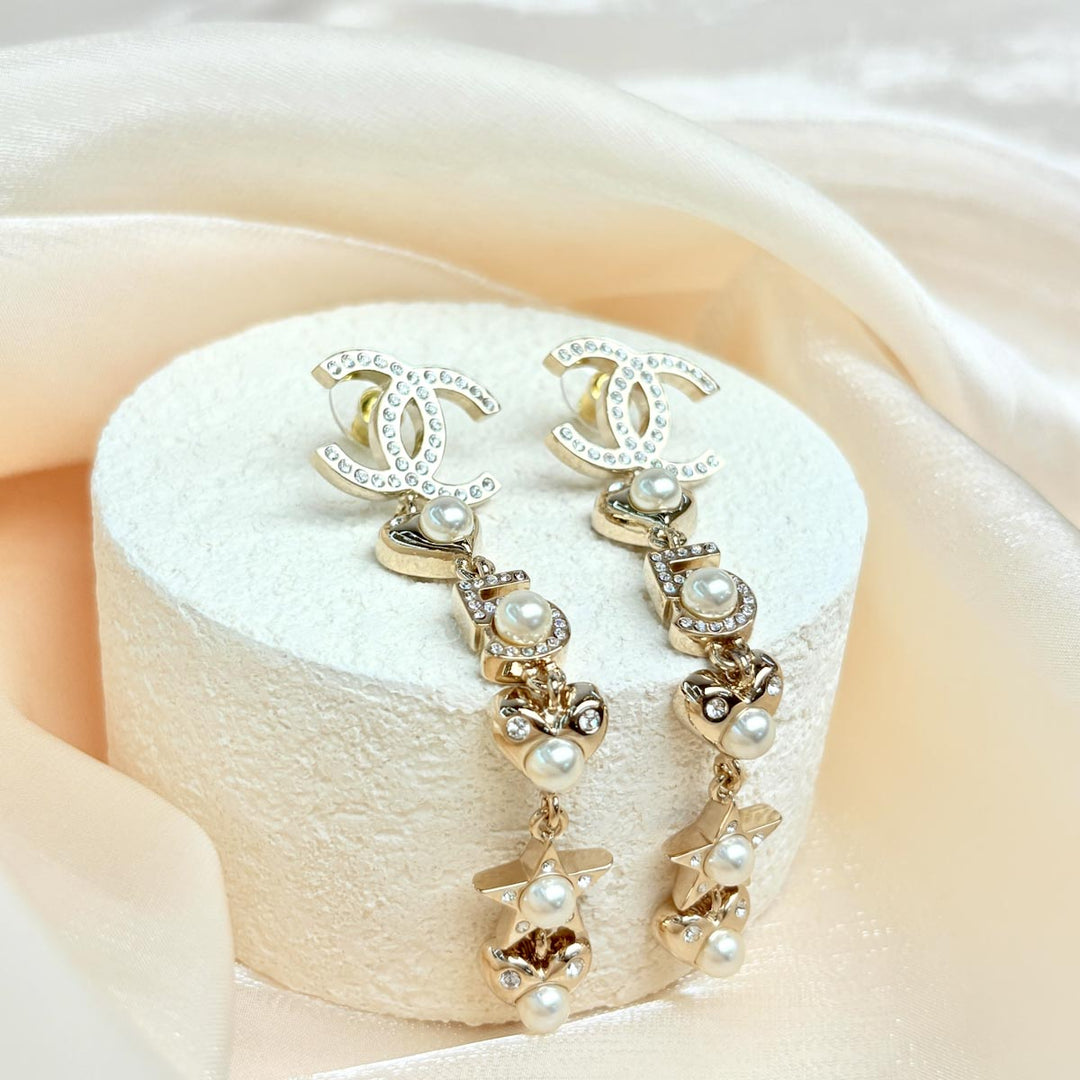 Chanel Pearl Charming CC Star Heart Drop Earrings