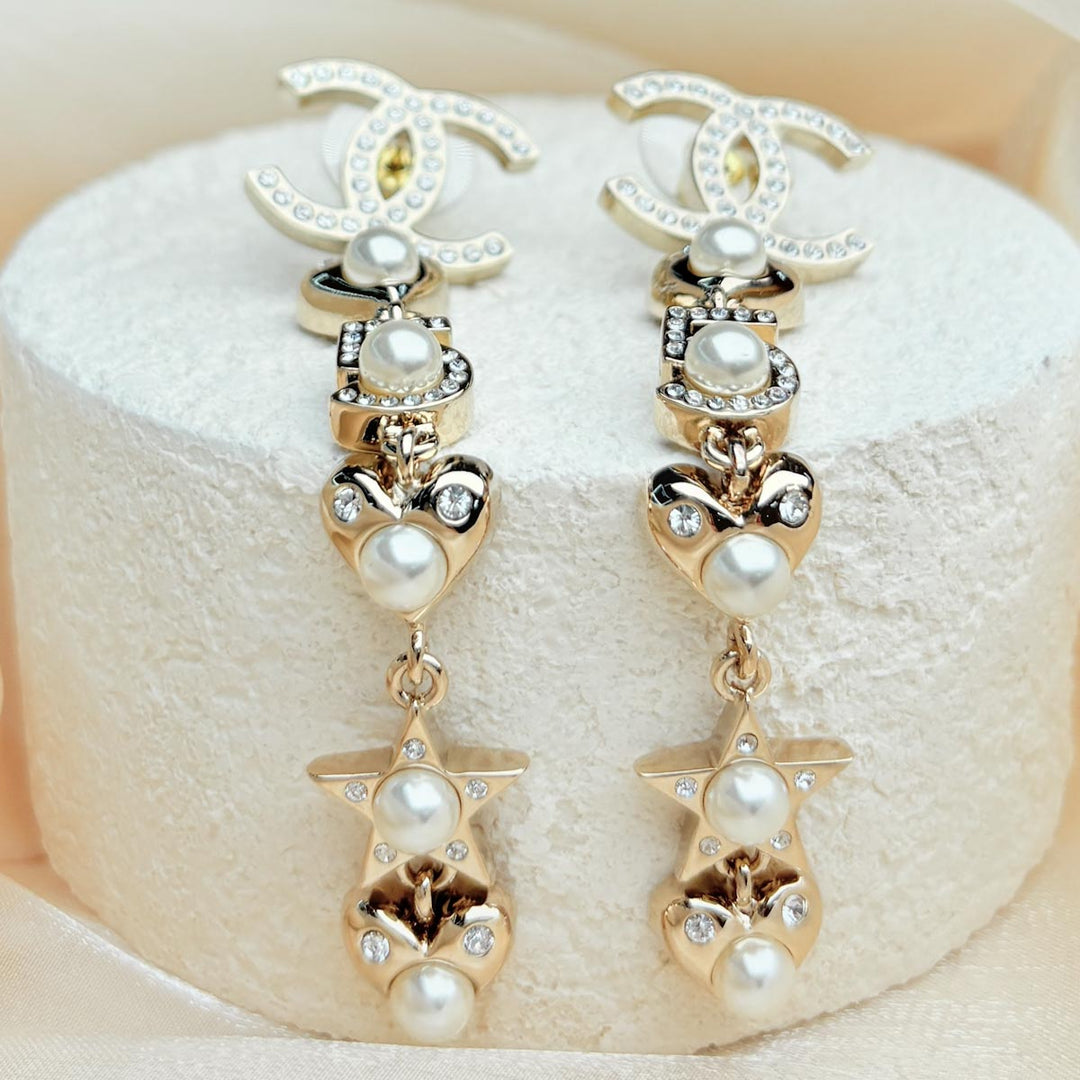 Chanel Pearl Charming CC Star Heart Drop Earrings