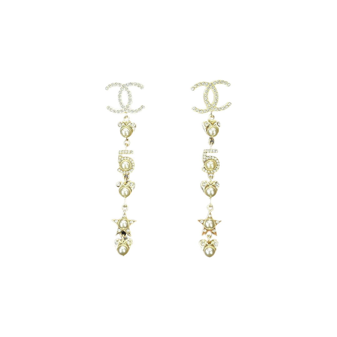 Chanel Pearl Charming CC Star Heart Drop Earrings
