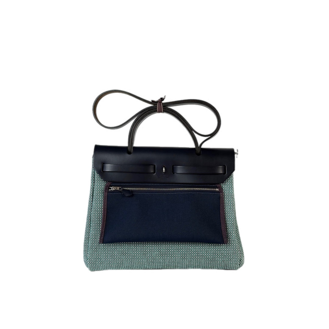 Hermes Herbag  Zip 31 Check Canvas Green