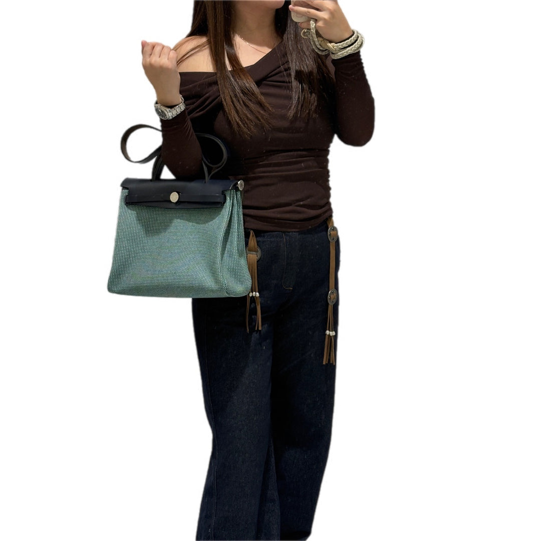 Hermes Herbag  Zip 31 Check Canvas Green