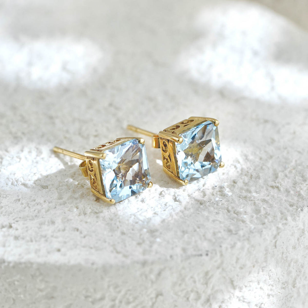 Natural Aquamarine Square Earrings 4.91ct 18K Gold