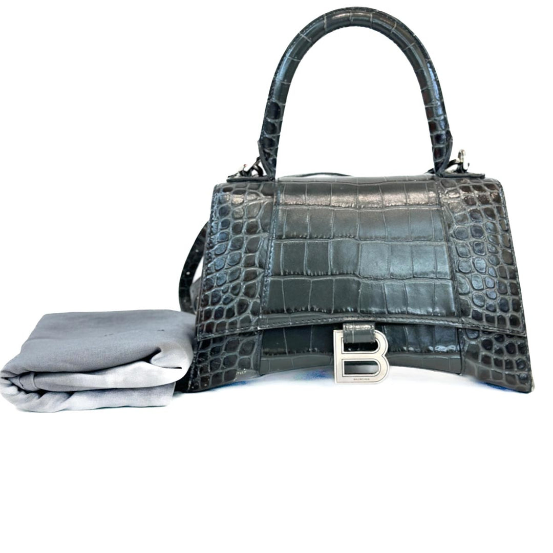 Balenciaga Grey Hourglass XS Crocodile Embossed Bag