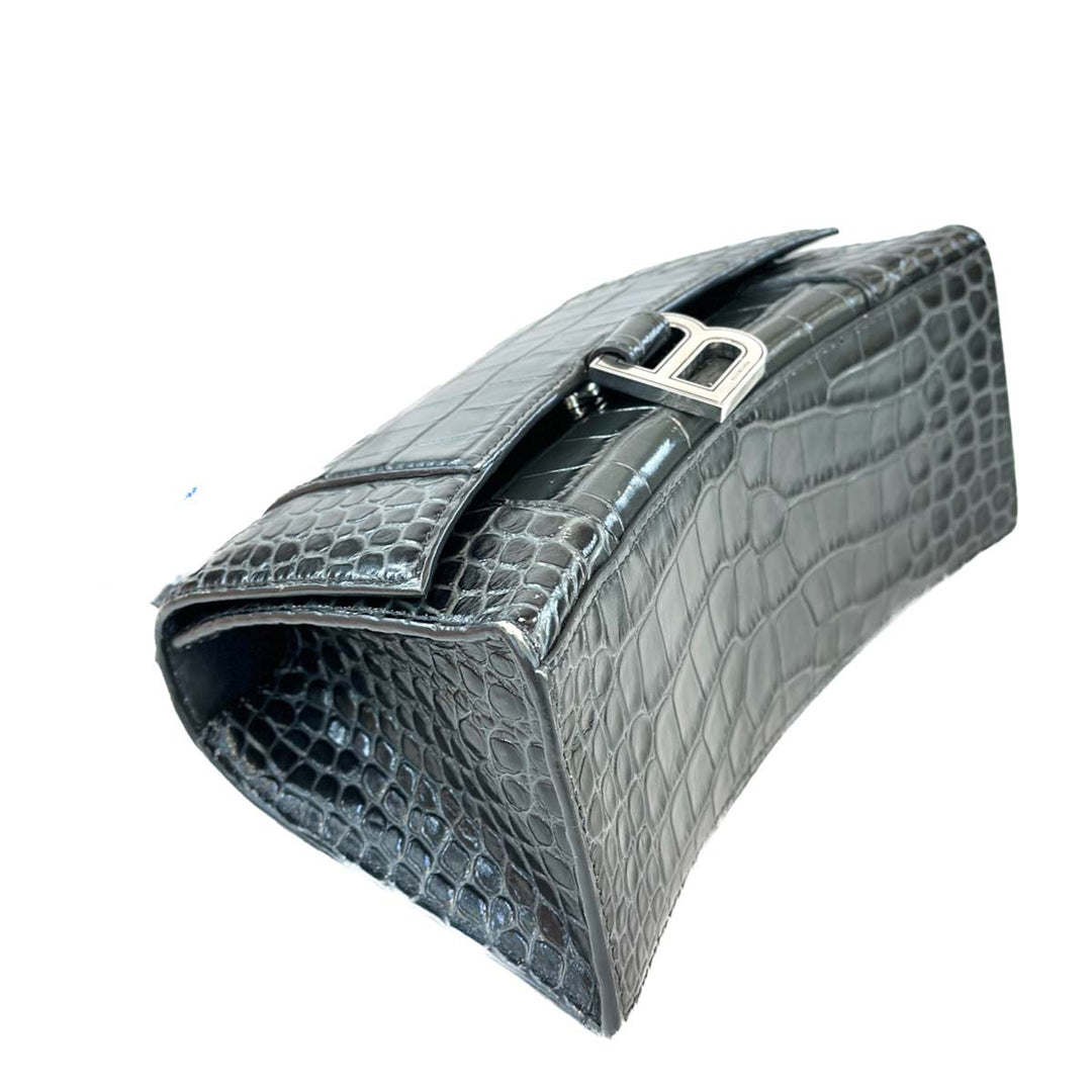 Balenciaga Grey Hourglass XS Crocodile Embossed Bag