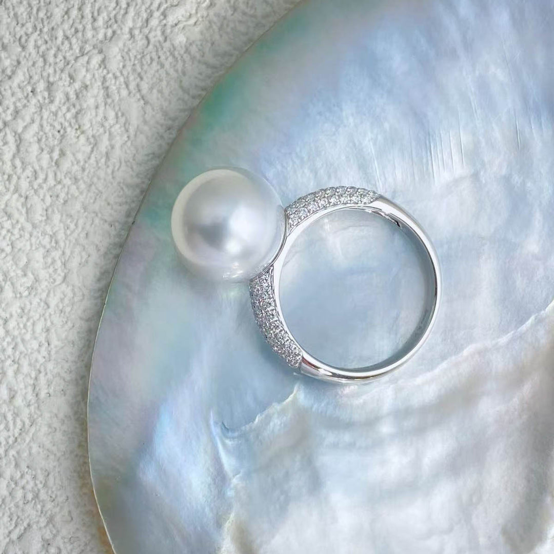 Natural South Sea White Pearl Diamond Ring 12.3mm d0.52ct,18K