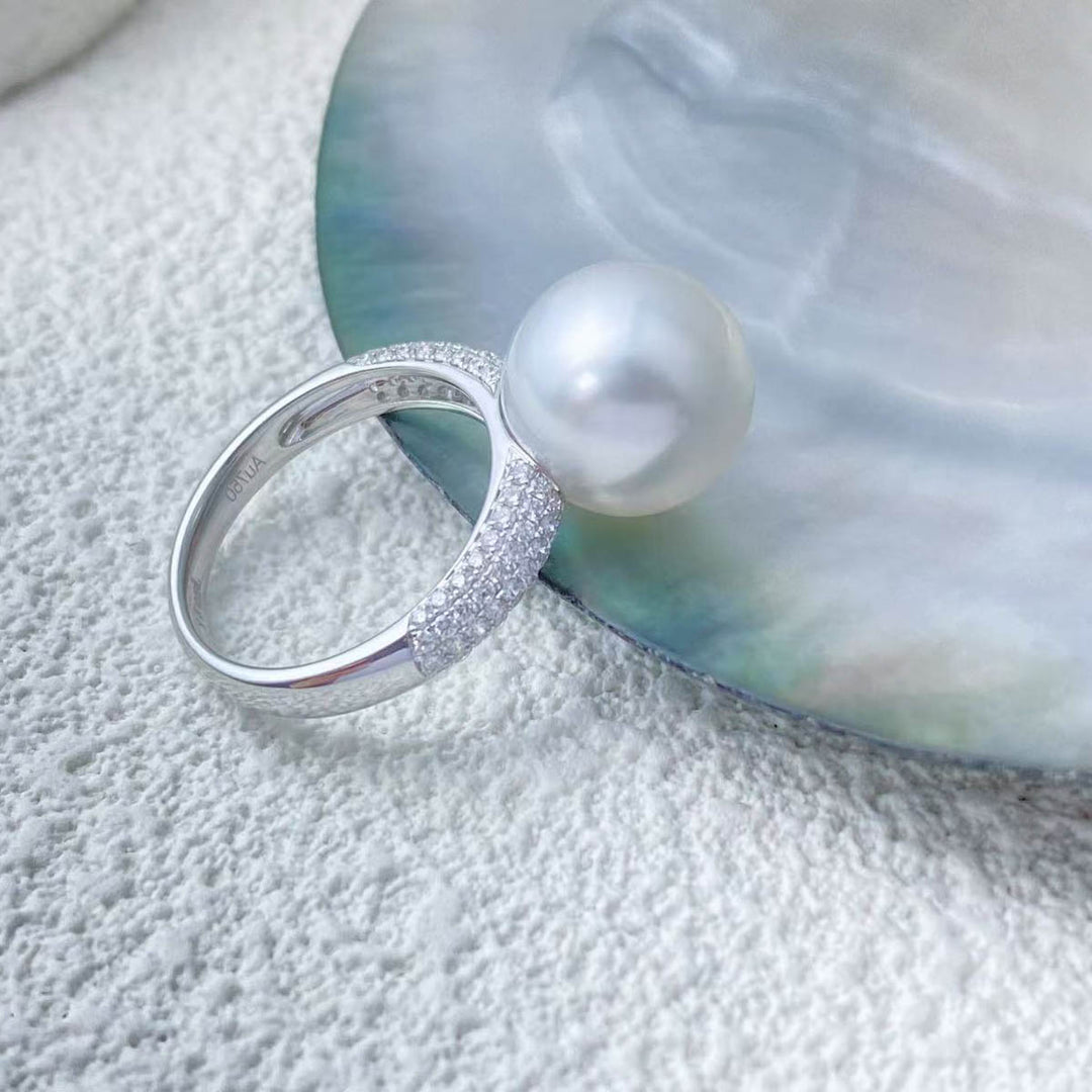 Natural South Sea White Pearl Diamond Ring 12.3mm d0.52ct,18K