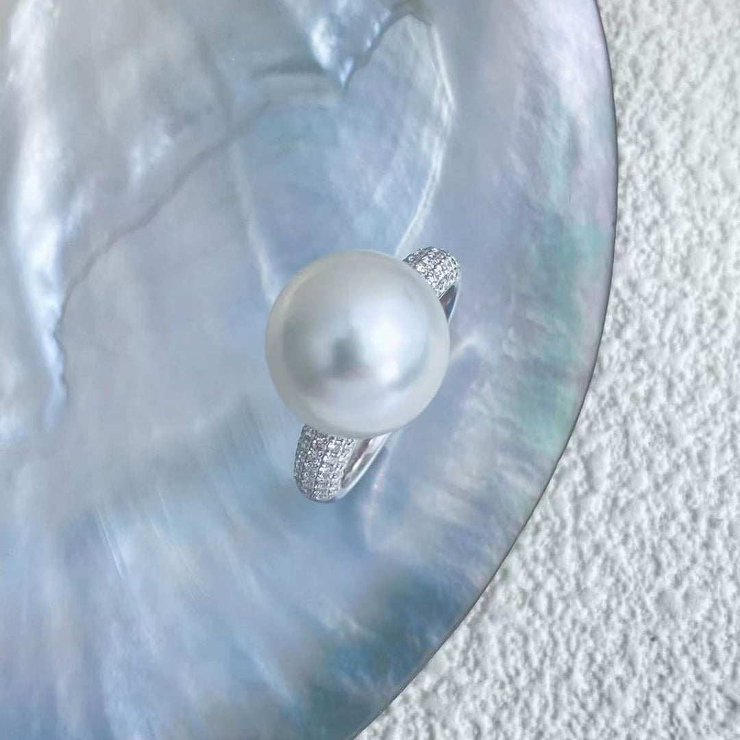 Natural South Sea White Pearl Diamond Ring 12.3mm d0.52ct,18K