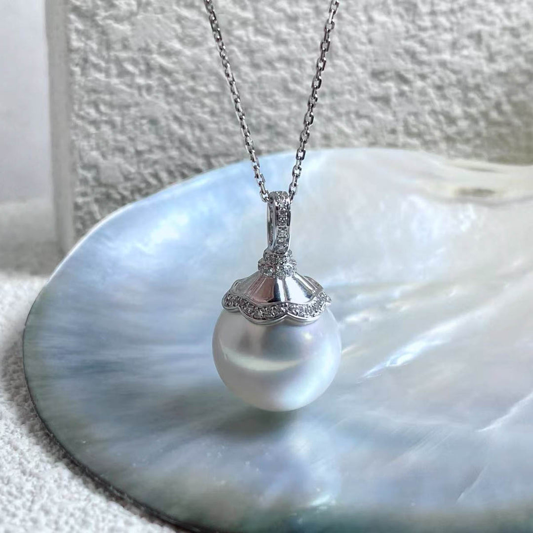 Natural South Sea White Pearl Diamond Necklace 14.5mm d0.28ct,18K