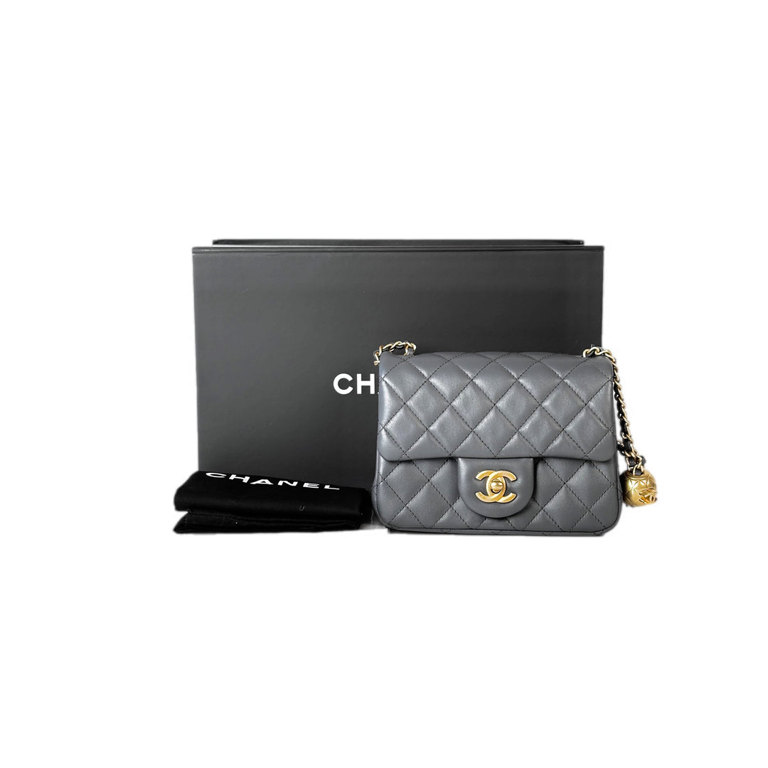 Chanel Grey Pearl Crush Mini Squsre Classic Flap Mini Lambskin