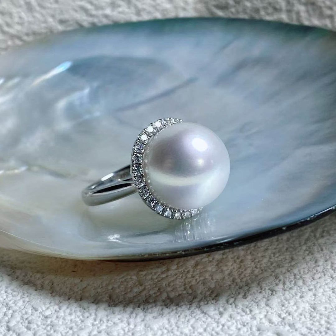 Natural South Sea White Pearl Diamond Ring “Phoenix”14.7mm d0.53ct,18K