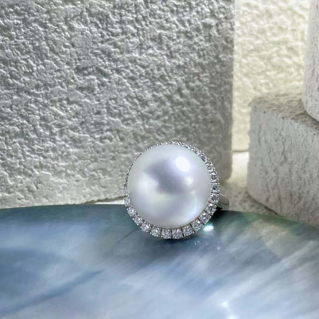 Natural South Sea White Pearl Diamond Ring “Phoenix”14.7mm d0.53ct,18K