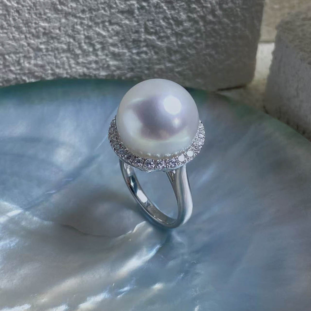 Natural South Sea White Pearl Diamond Ring “Phoenix”14.7mm d0.53ct,18K