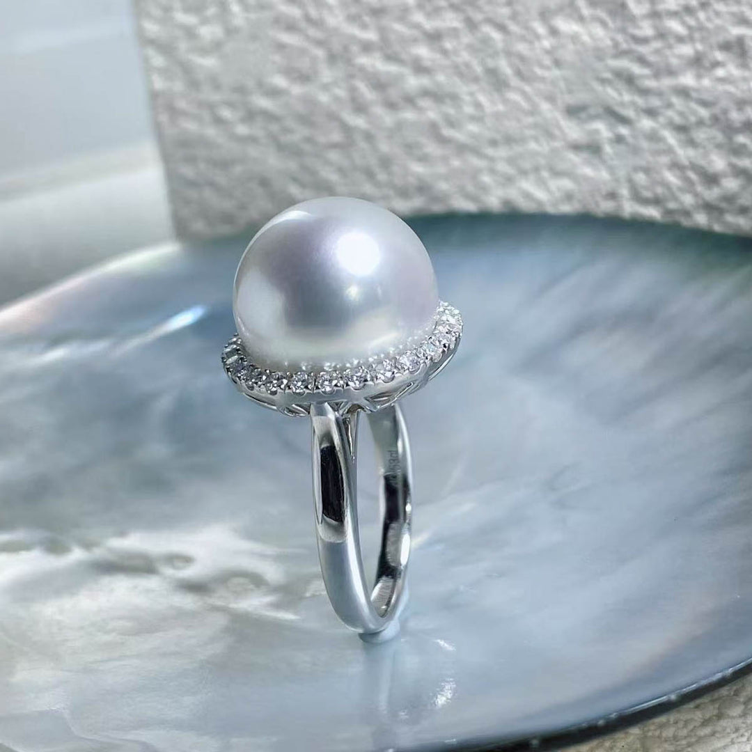 Natural South Sea White Pearl Diamond Ring “Phoenix”14.7mm d0.53ct,18K