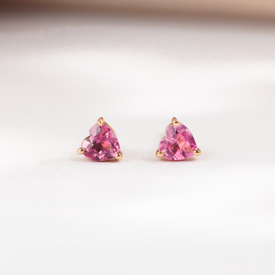 Natural Pink Tourmaline Stone Heart Stud Earrings D0.50ct. 18K Gold