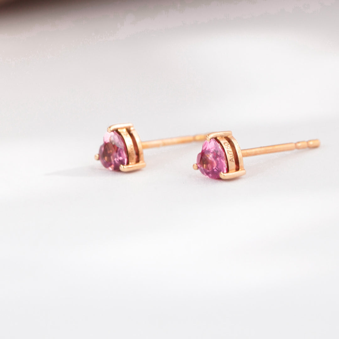Natural Pink Tourmaline Stone Heart Stud Earrings D0.50ct. 18K Gold