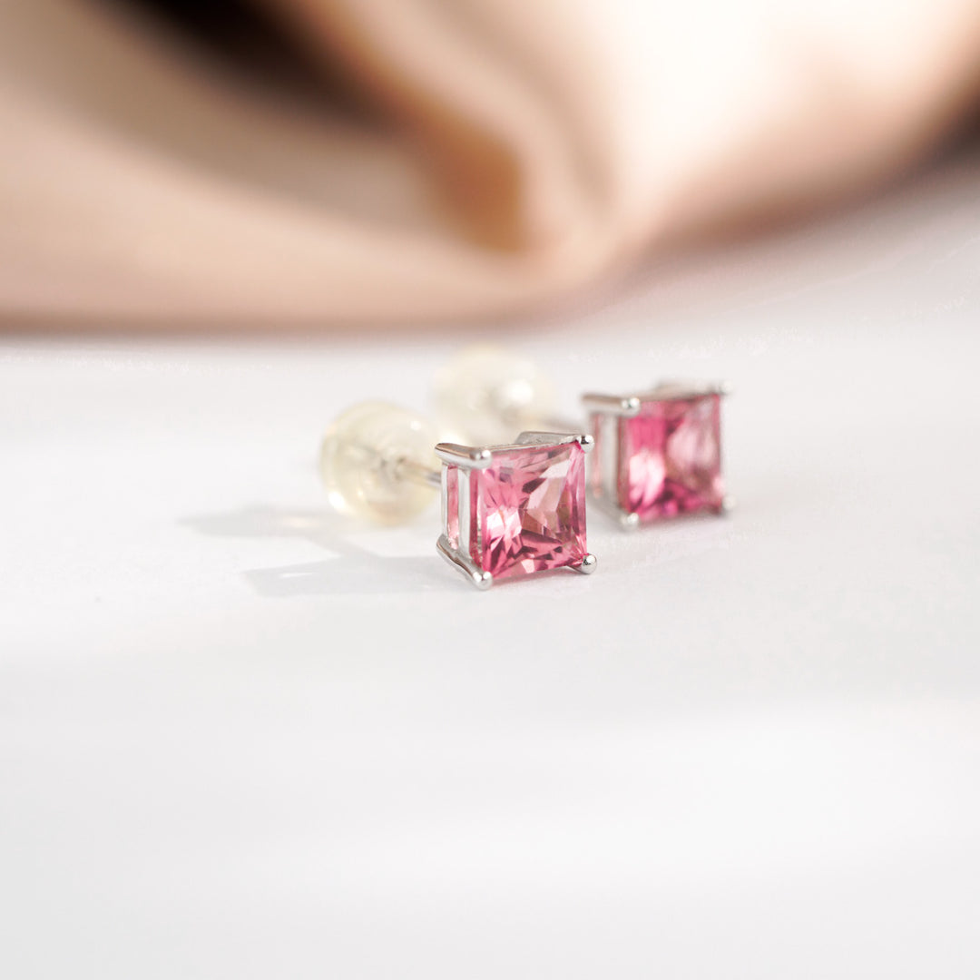 Natural Pink Tourmaline Stone Princess Cut Stud Earrings D1.50ct. 18K Gold