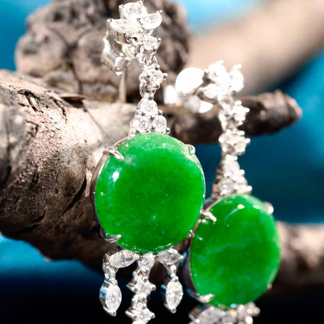 Green Round Burmese Jadeite Earrings 11.5mm,18K Gold GRC