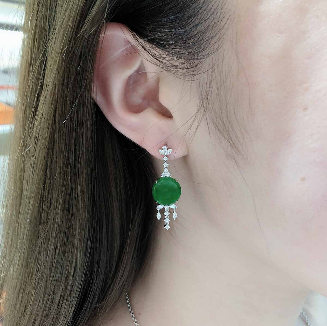 Green Round Burmese Jadeite Earrings 11.5mm,18K Gold GRC