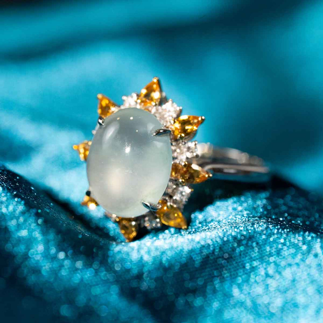 Burma Natural White Jade Cabochon Ring With Yellow Sapphire 11*8.9mm, 18K Gold
