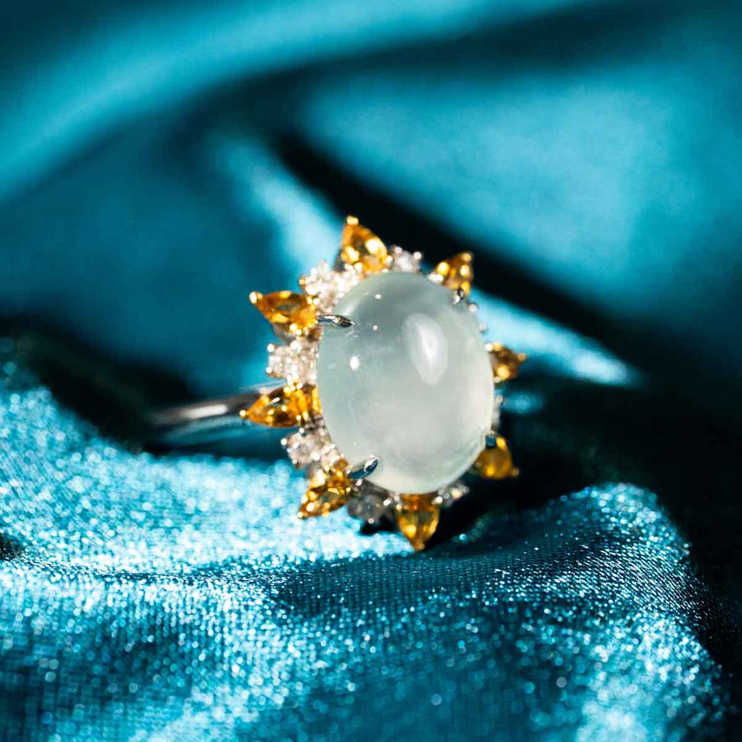 Burma Natural White Jade Cabochon Ring With Yellow Sapphire 11*8.9mm, 18K Gold