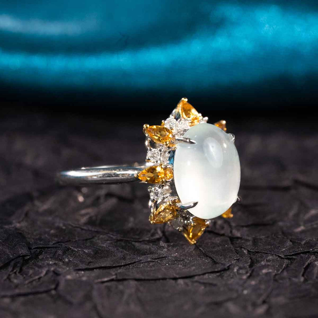 Burma Natural White Jade Cabochon Ring With Yellow Sapphire 11*8.9mm, 18K Gold