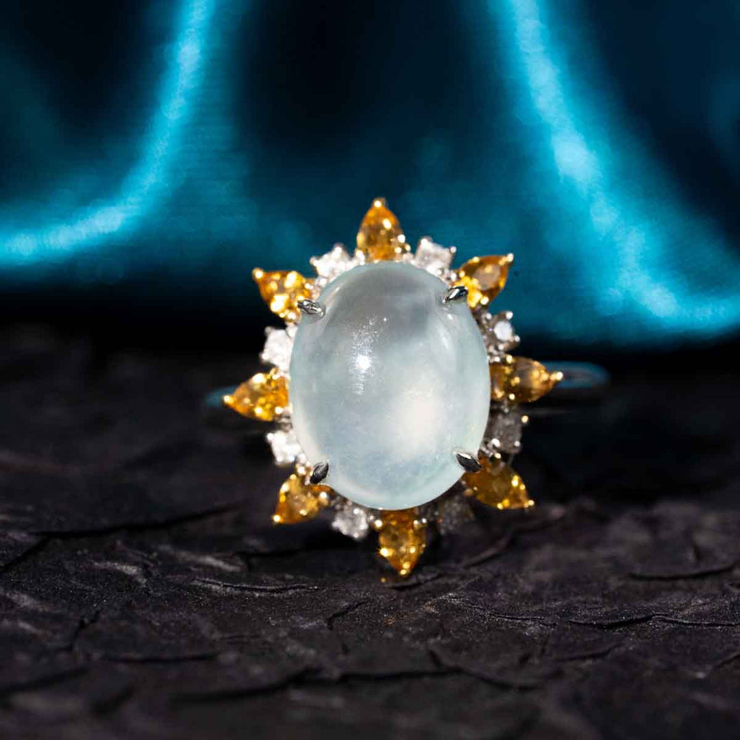 Burma Natural White Jade Cabochon Ring With Yellow Sapphire 11*8.9mm, 18K Gold