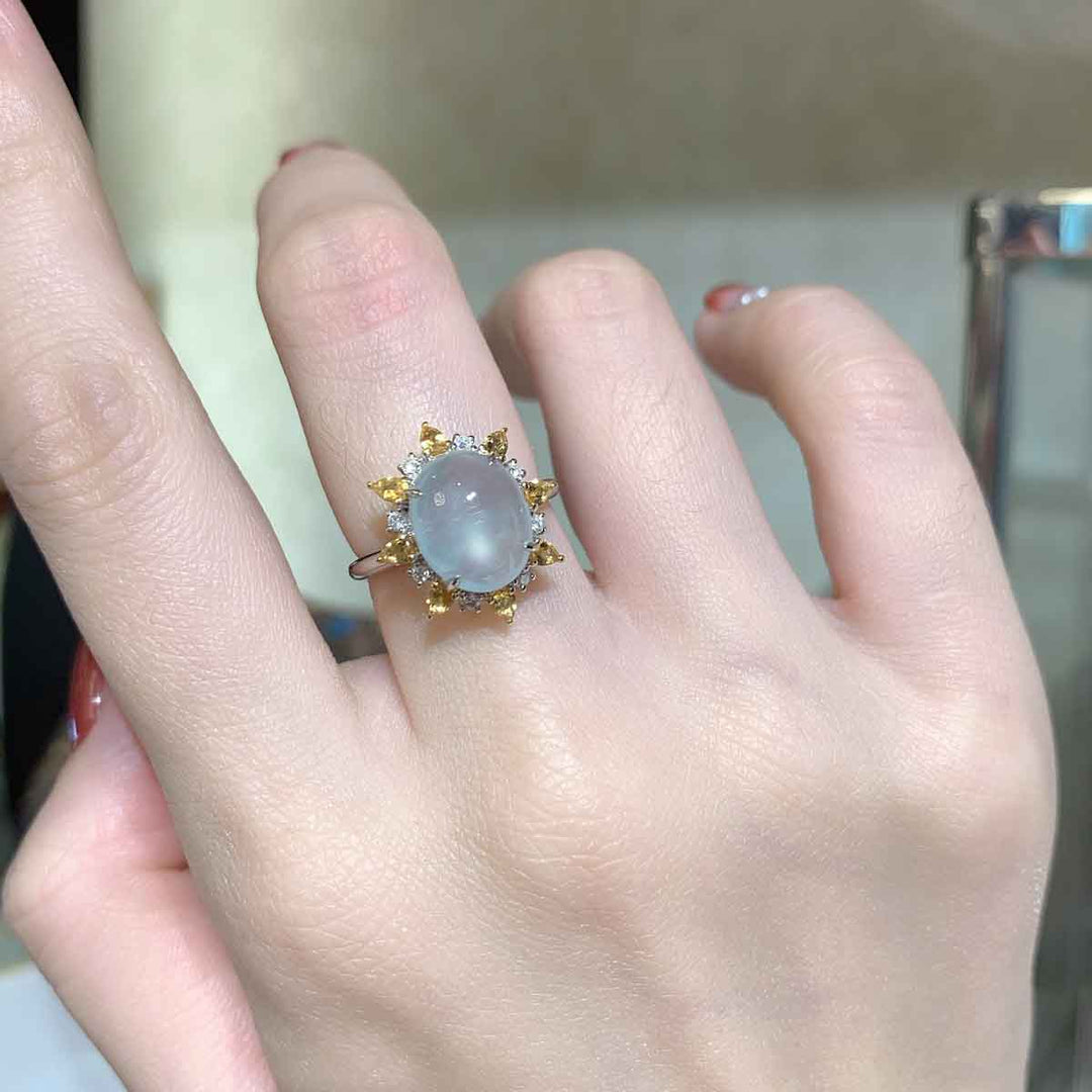 Burma Natural White Jade Cabochon Ring With Yellow Sapphire 11*8.9mm, 18K Gold