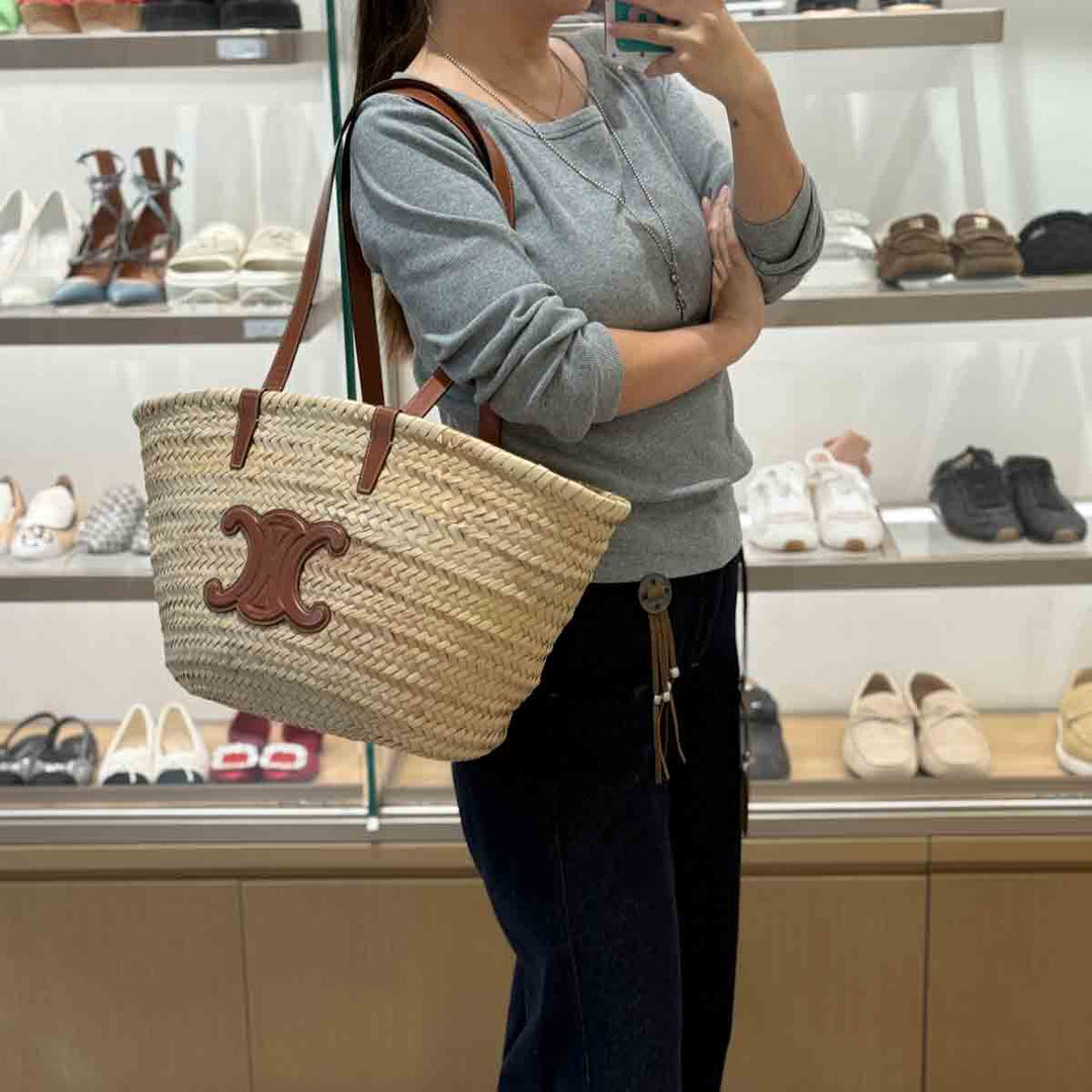 Celine Palm Leaf Calfskin Triomphe Teen Panier Tan