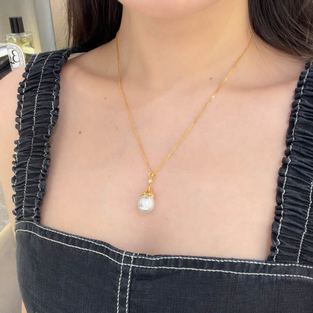 Natural South Sea White Pearl Diamond Necklace 11.4mm d0.08ct,18K