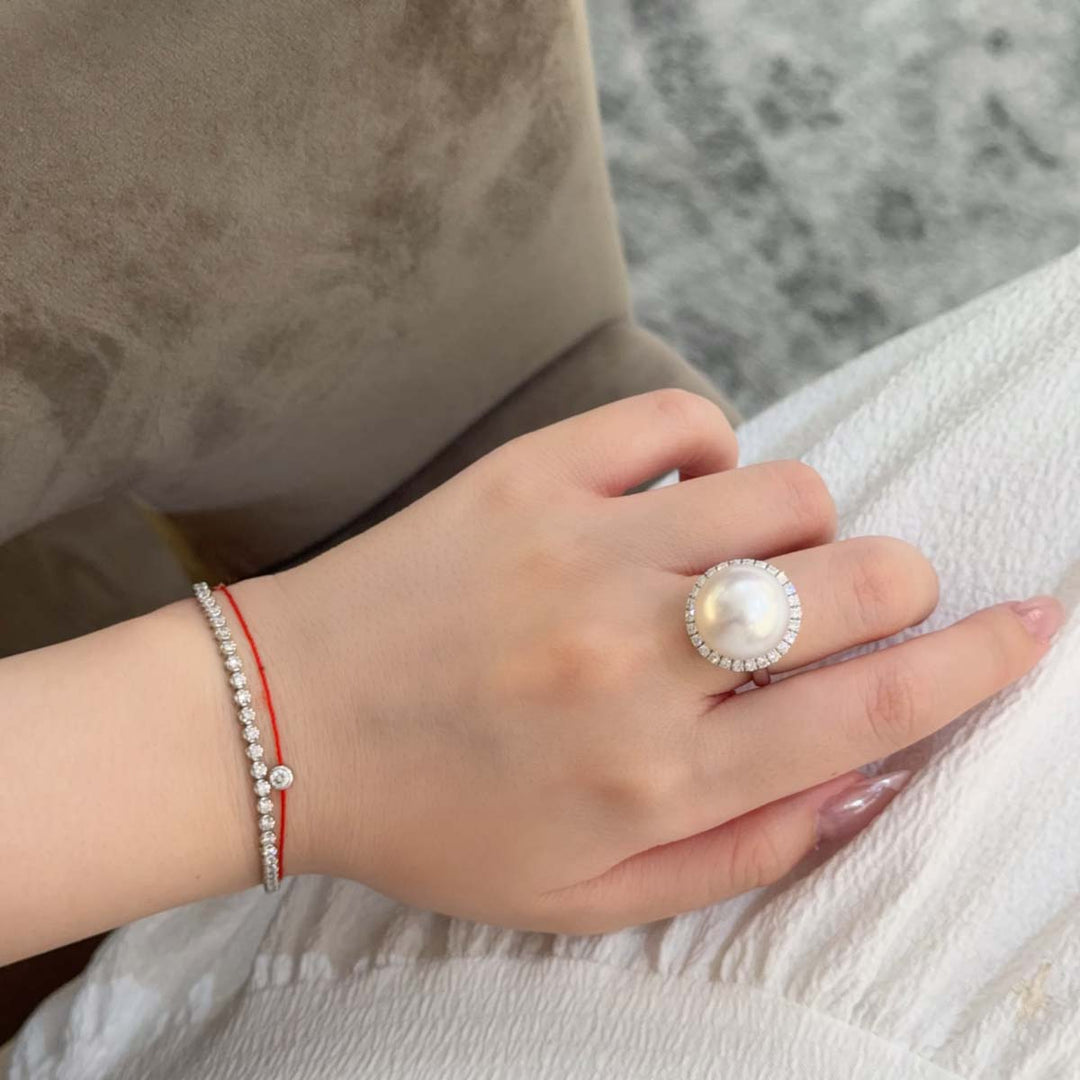Natural South Sea White Pearl Diamond Ring “Phoenix” 14.7mm d0.53ct,18K