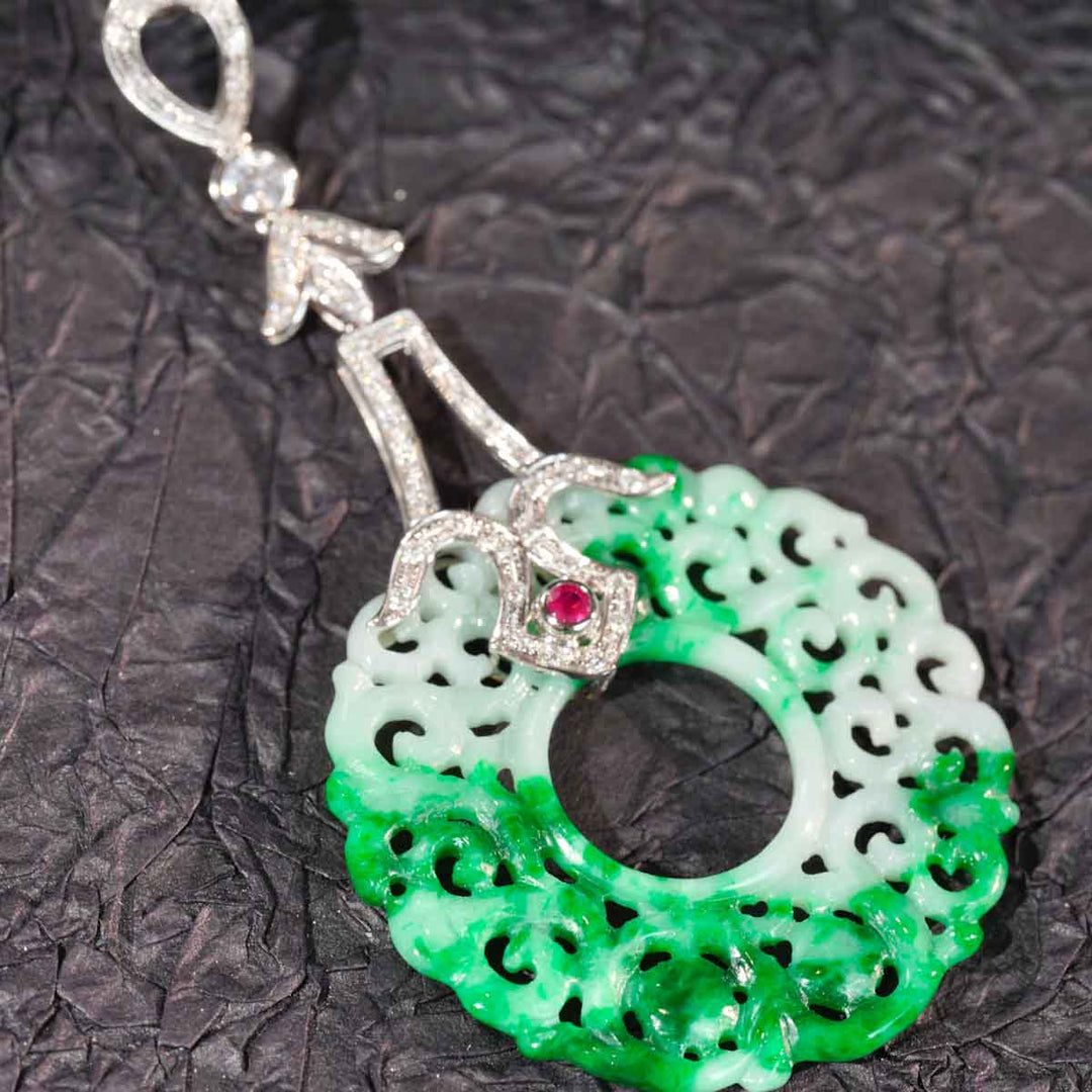 Burma Hand-Carved Natural Green Jadeite Dangle Earrings 35.4mm d0.498ct, 18K Gold