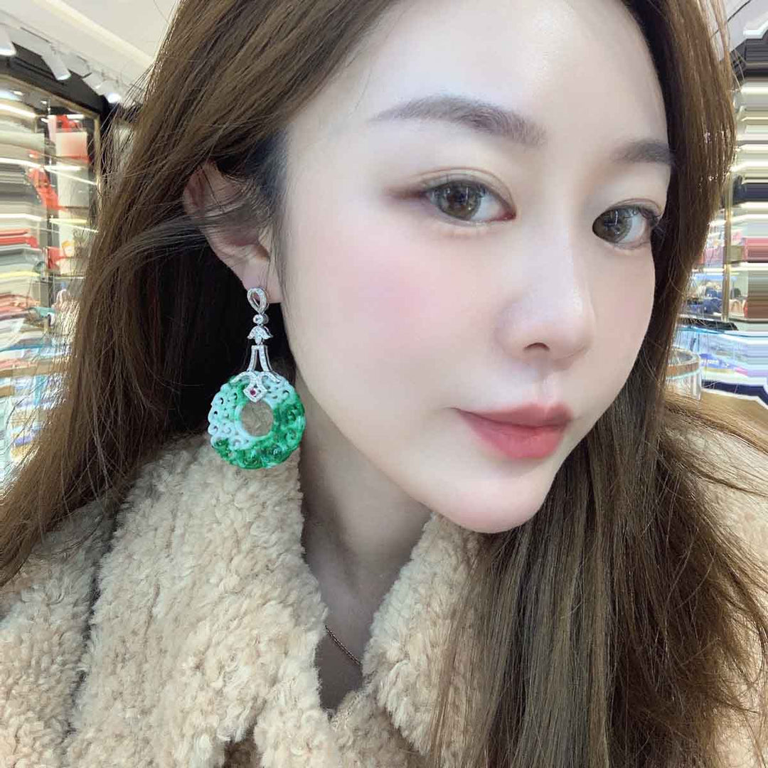 Burma Hand-Carved Natural Green Jadeite Dangle Earrings 35.4mm d0.498ct, 18K Gold