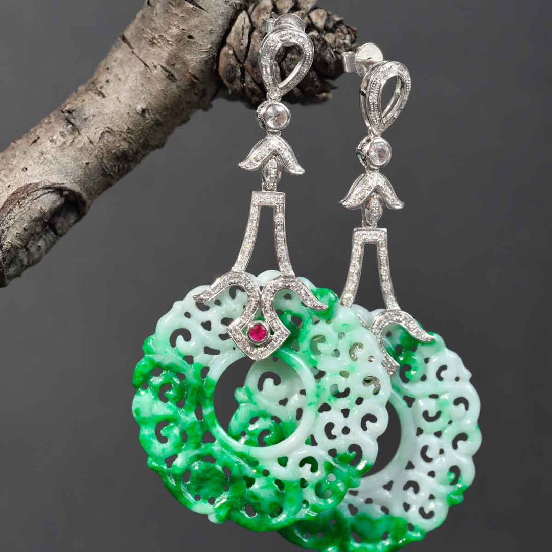 Burma Hand-Carved Natural Green Jadeite Dangle Earrings 35.4mm d0.498ct, 18K Gold