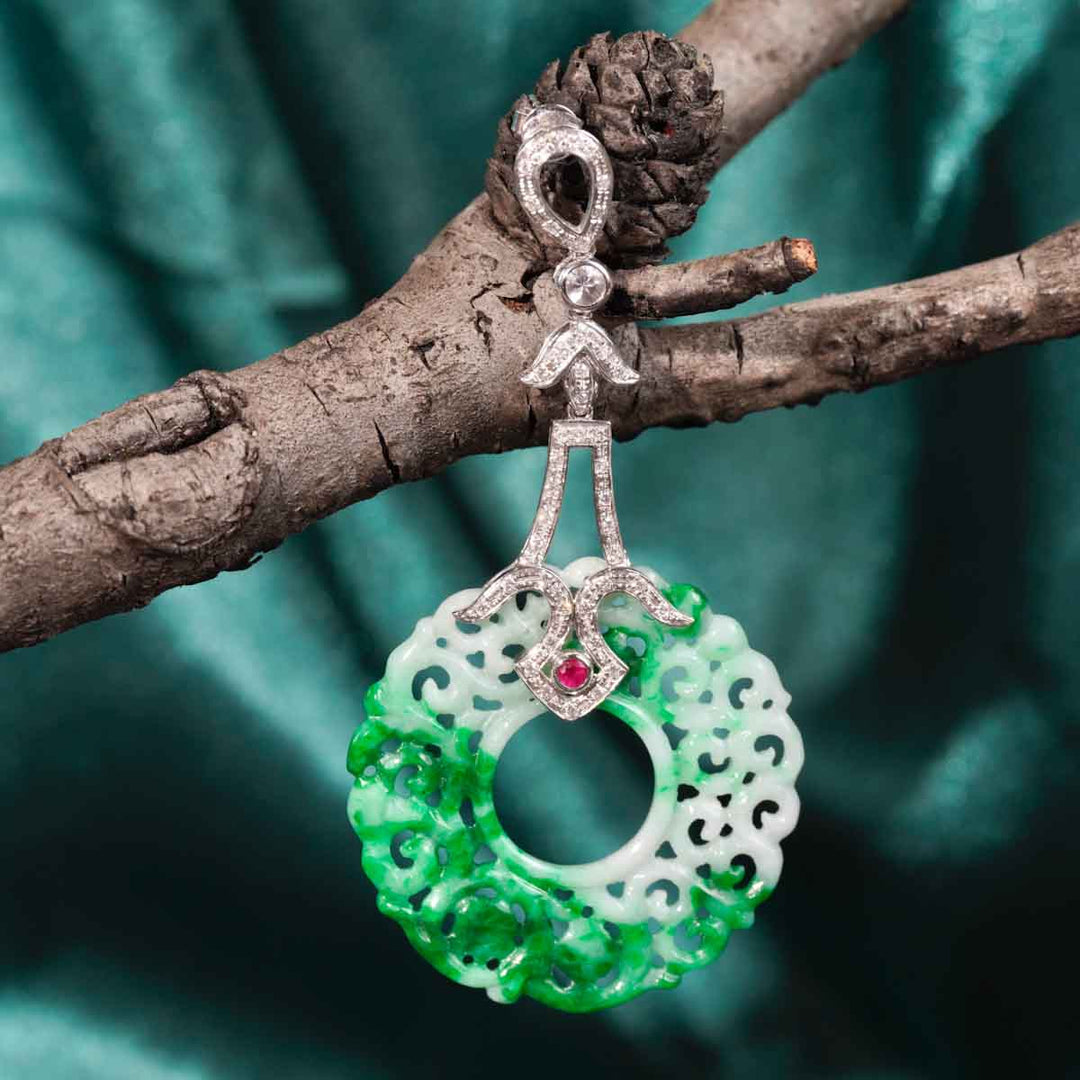 Burma Hand-Carved Natural Green Jadeite Dangle Earrings 35.4mm d0.498ct, 18K Gold