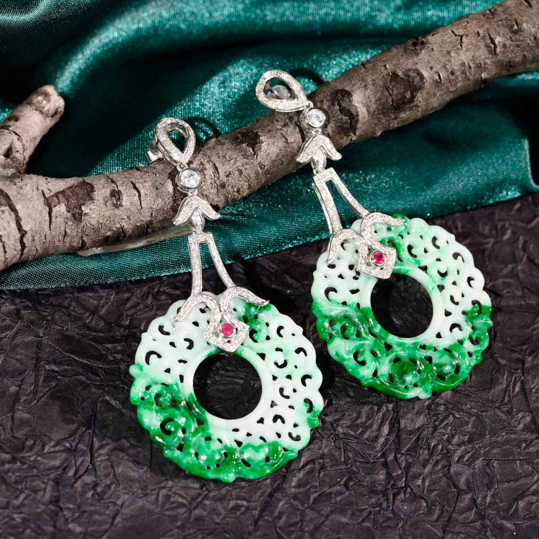 Burma Hand-Carved Natural Green Jadeite Dangle Earrings 35.4mm d0.498ct, 18K Gold