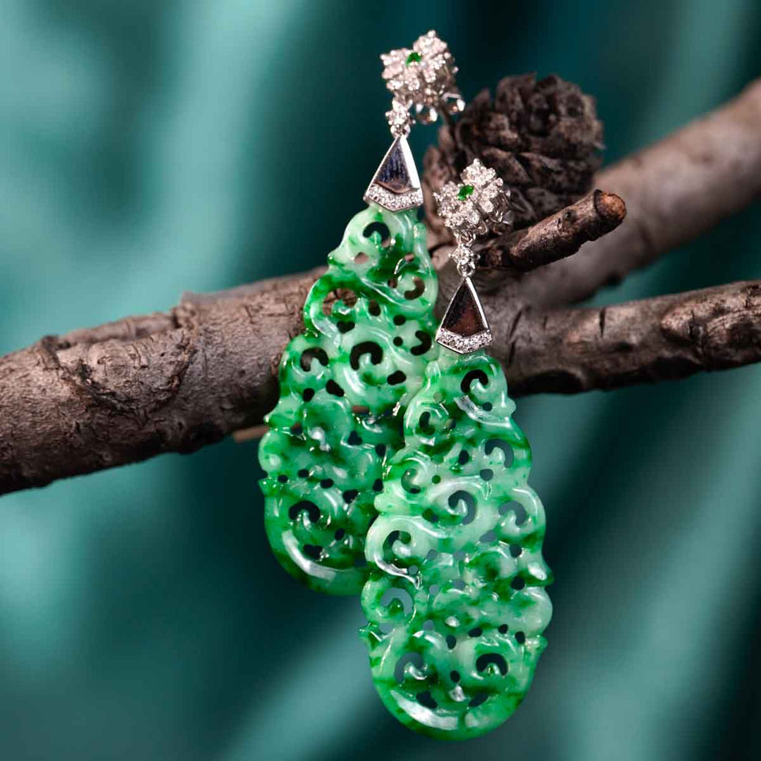 Burma Natural Green Carved Jade Dangle Earrings 41*19.5mm, 18K Gold