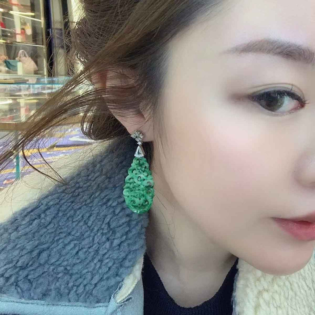 Burma Natural Green Carved Jade Dangle Earrings 41*19.5mm, 18K Gold