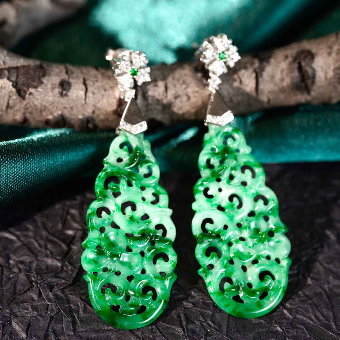 Burma Natural Green Carved Jade Dangle Earrings 41*19.5mm, 18K Gold