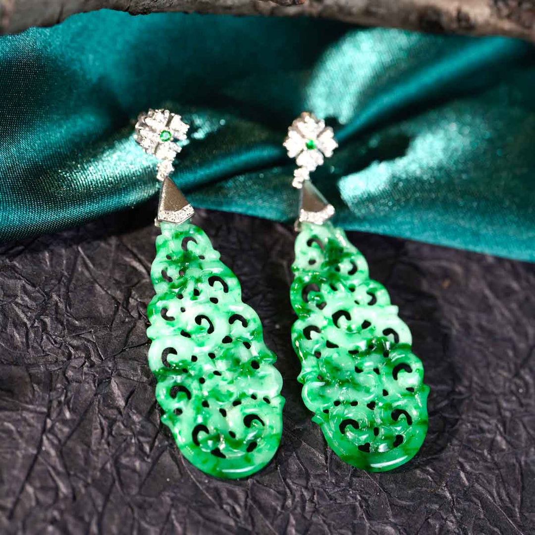 Burma Natural Green Carved Jade Dangle Earrings 41*19.5mm, 18K Gold