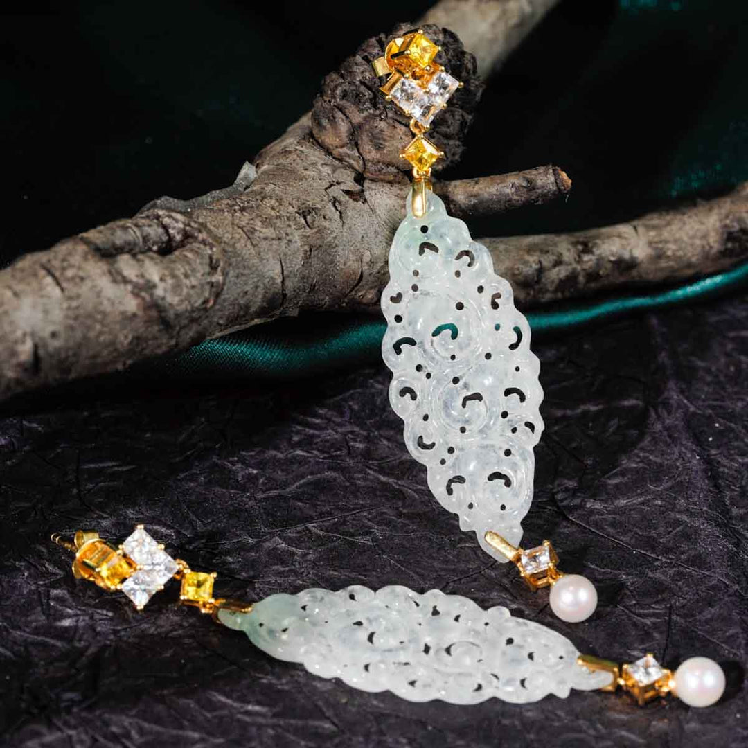 Burma Hand-Carved Natural White Jade With Multi Color Sapphires Dangle Earring, 18K Gold