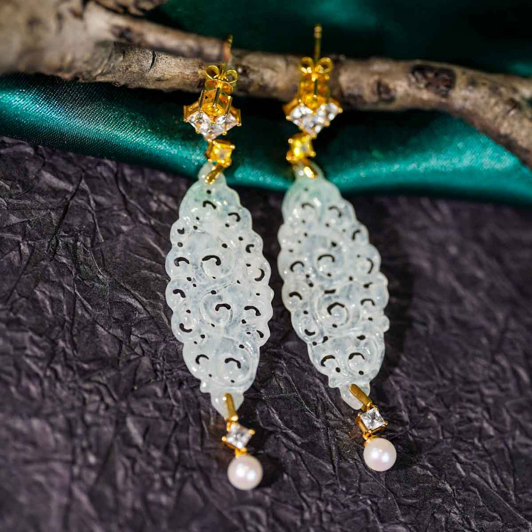 Burma Hand-Carved Natural White Jade With Multi Color Sapphires Dangle Earring, 18K Gold