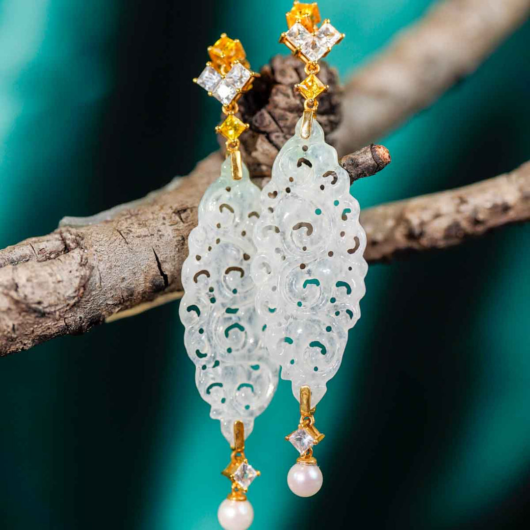 Burma Hand-Carved Natural White Jade With Multi Color Sapphires Dangle Earring, 18K Gold
