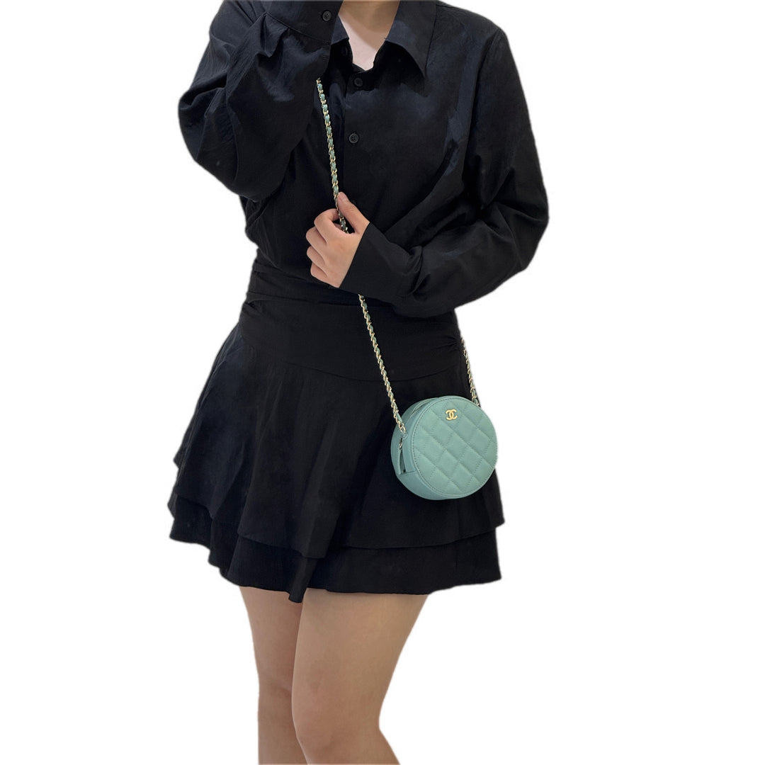 Chanel Blue Round Zip Chain Bag