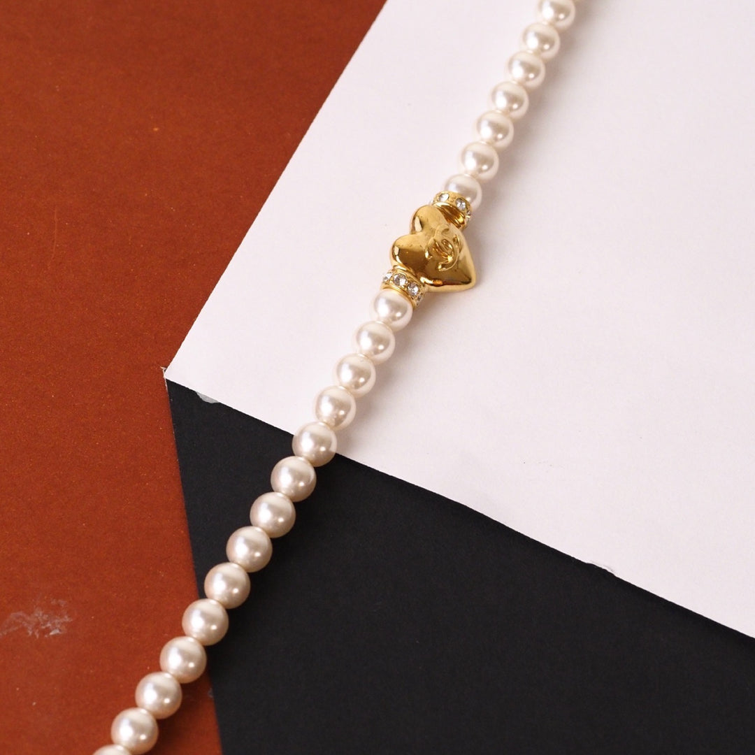 Chanel Pearl Heart Chocker Necklace 24P