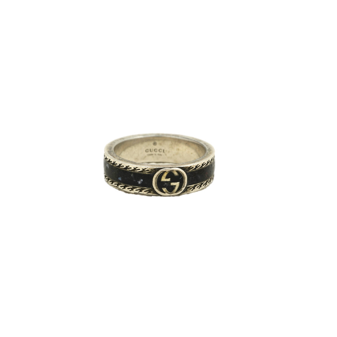 Gucci Interlocking G Silver Black Enamel Ring Size 20