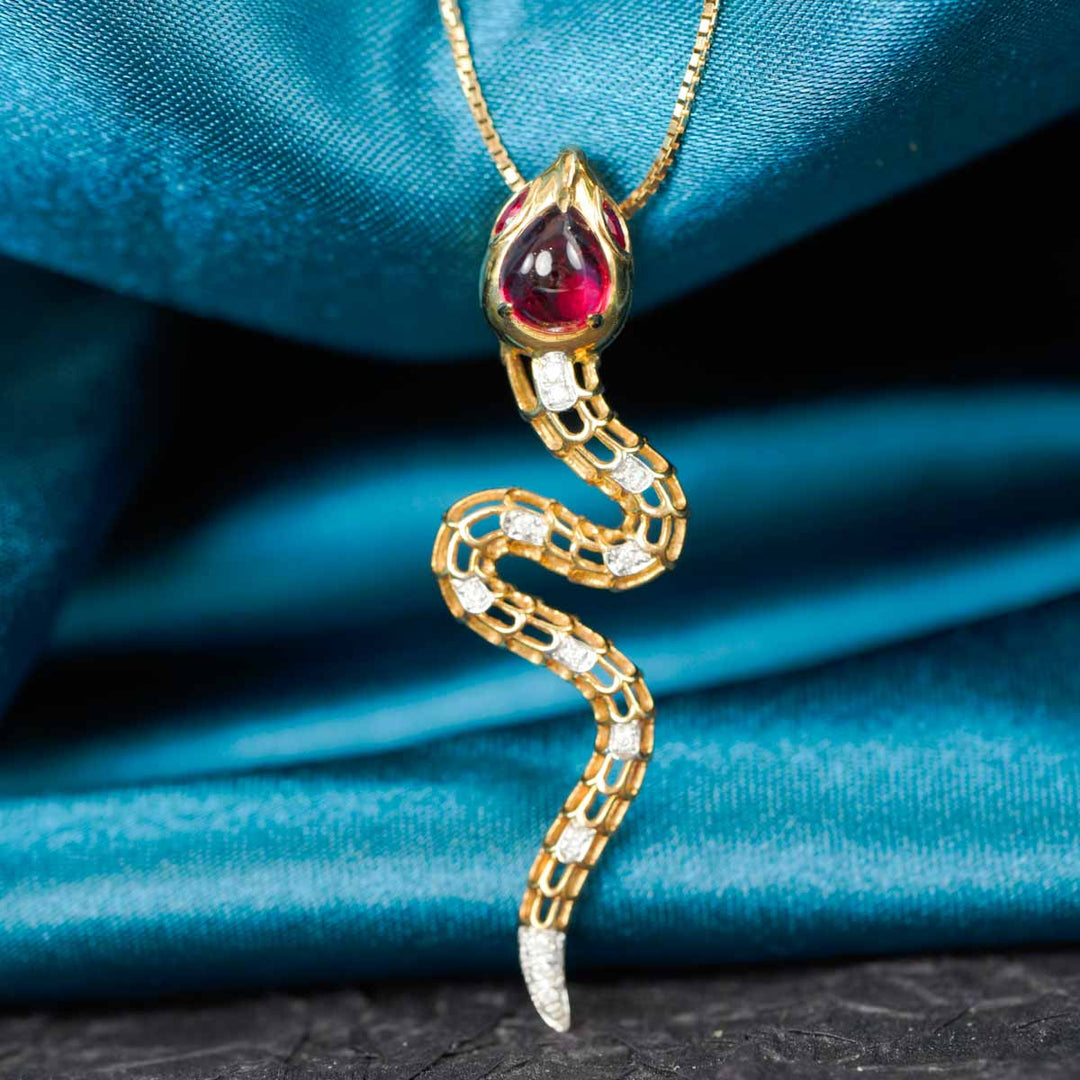 Natural Cabochon Rubellite Purplish Pink Serpenti Necklace 1.11ct, Diamond 0.08ct. 18K Gold