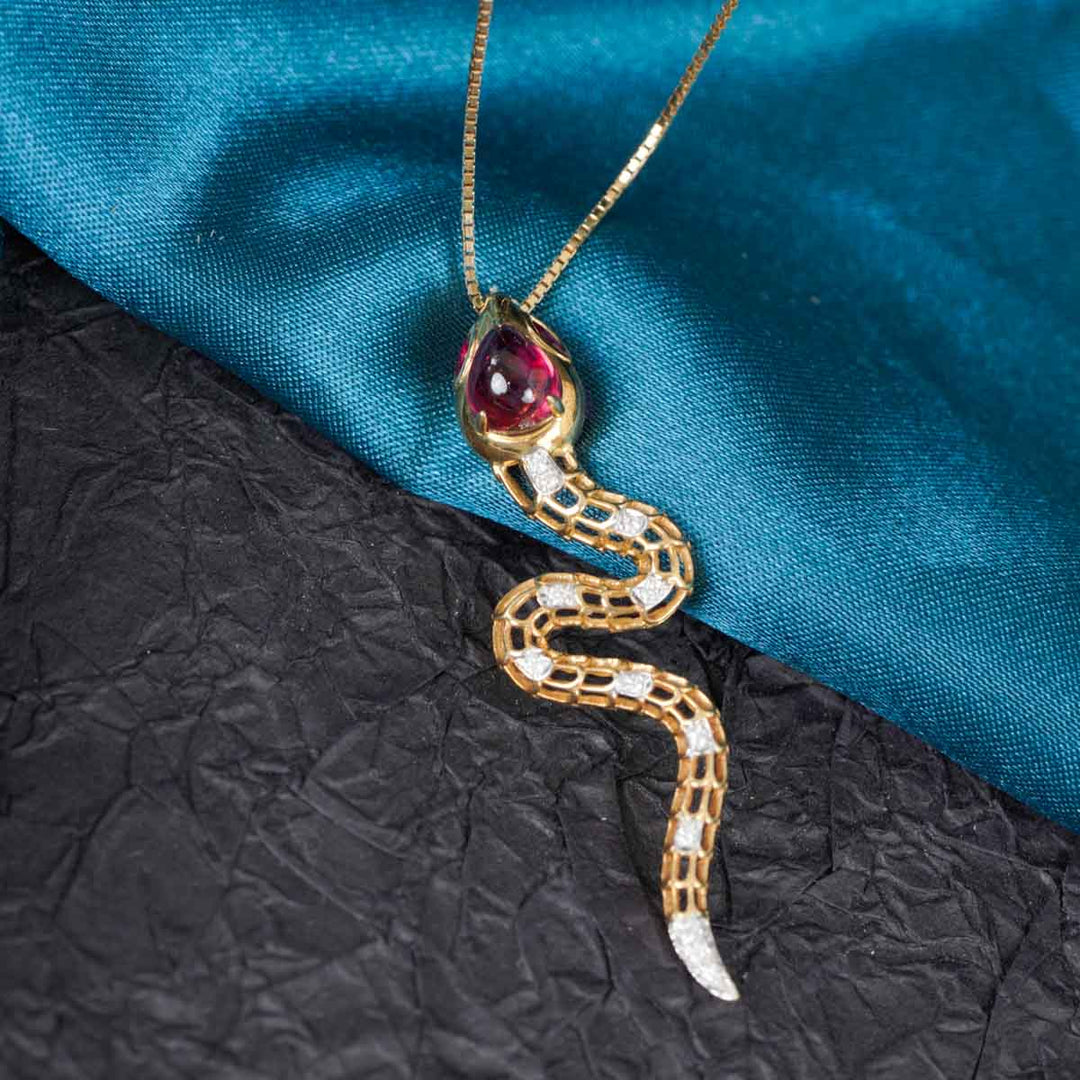 Natural Cabochon Rubellite Purplish Pink Serpenti Necklace 1.11ct, Diamond 0.08ct. 18K Gold