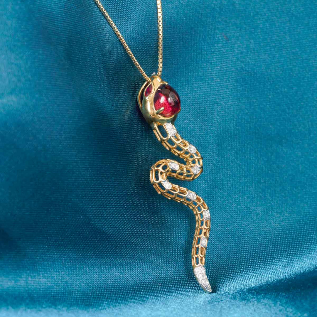Natural Cabochon Rubellite Purplish Pink Serpenti Necklace 1.11ct, Diamond 0.08ct. 18K Gold