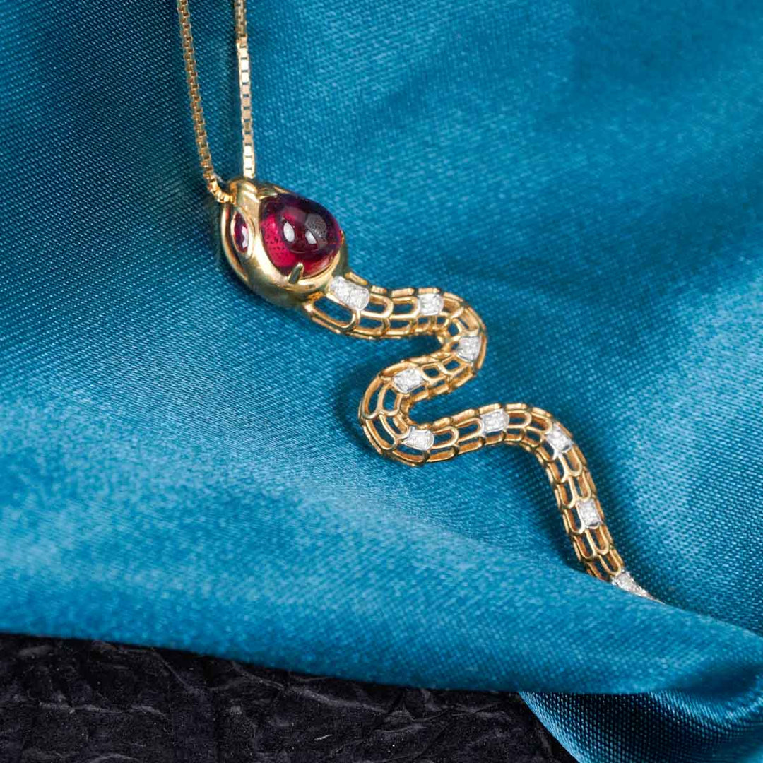 Natural Cabochon Rubellite Purplish Pink Serpenti Necklace 1.11ct, Diamond 0.08ct. 18K Gold